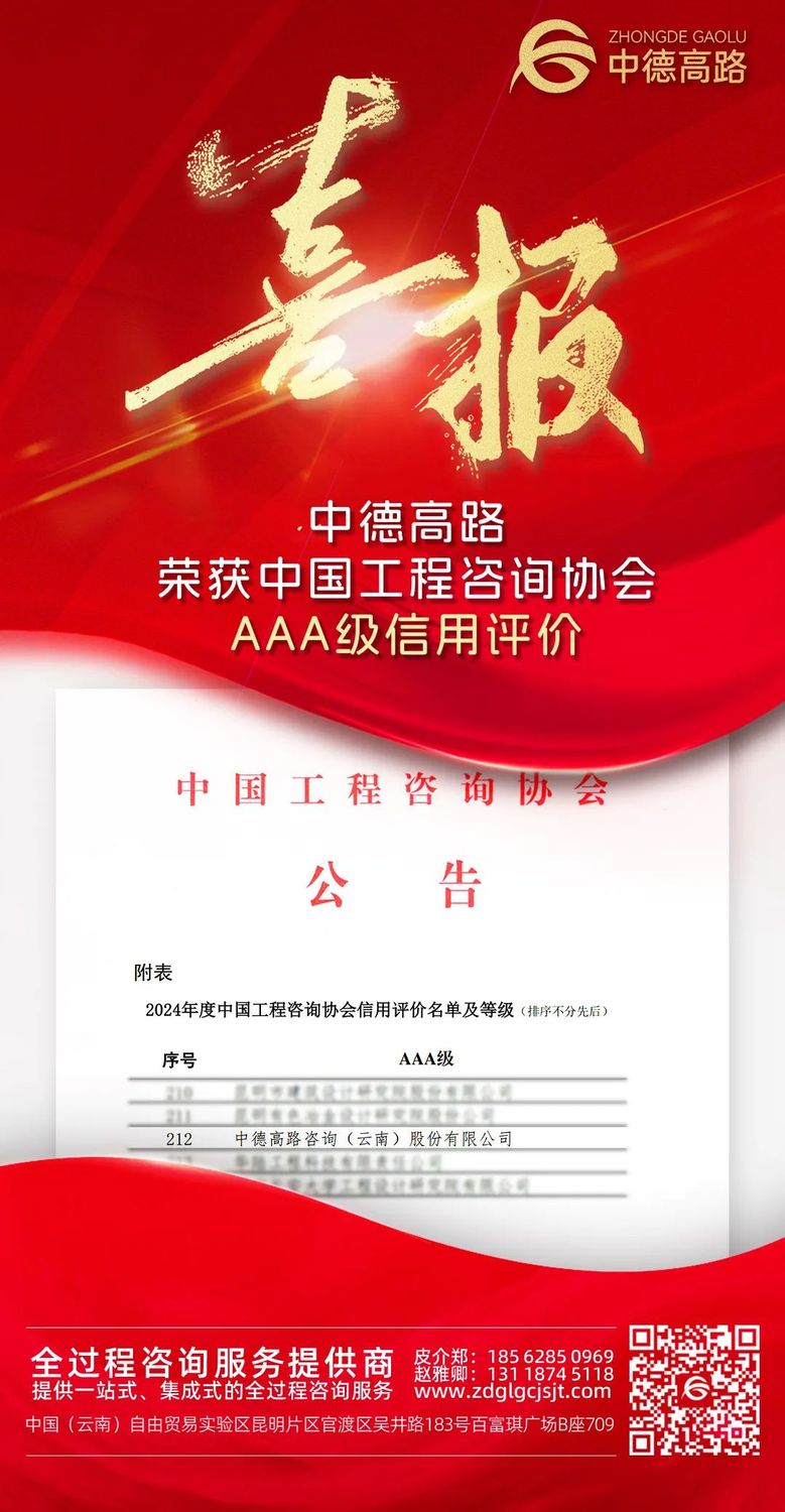 喜报丨中德高路荣获中国工程咨询协会AAA级信用评价- 中德高路科技（云南）股份有限公司